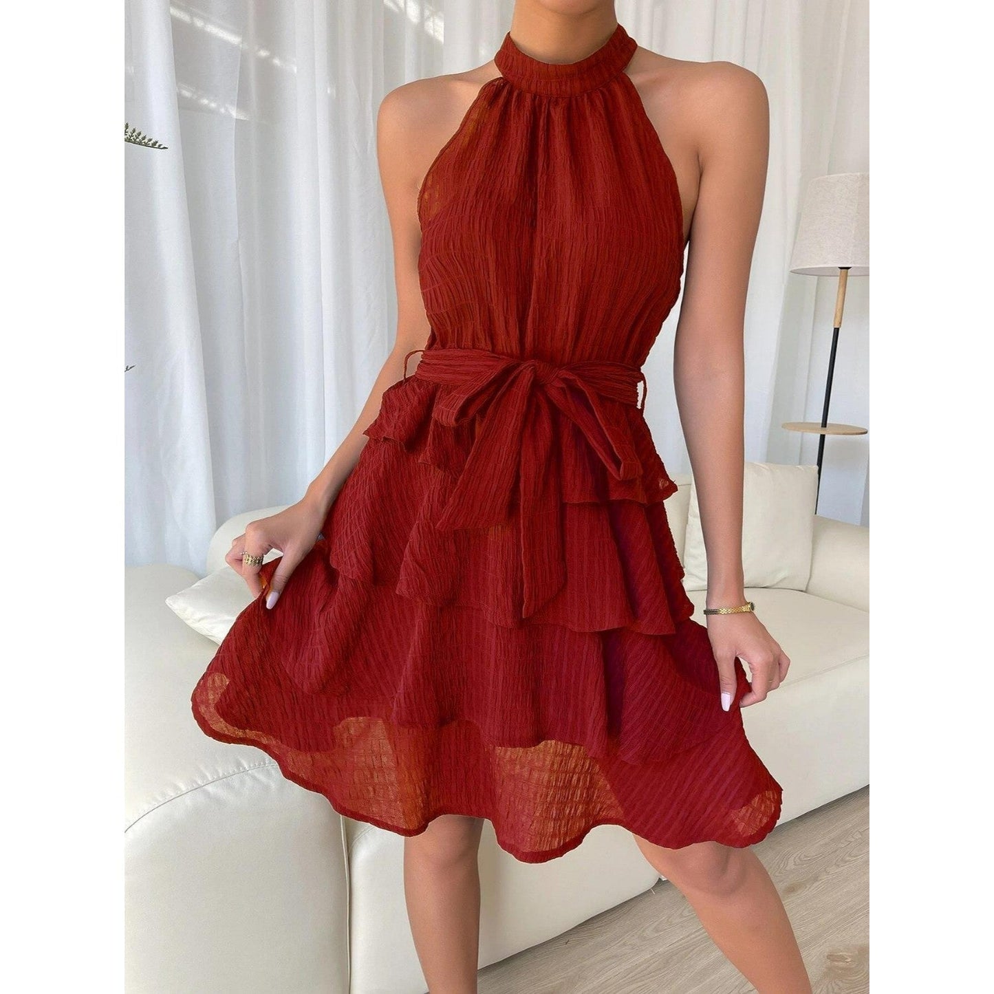 Engeltraud™ | Boho mini dress with flounces – open back, halter neck & waist belt for summer & festival