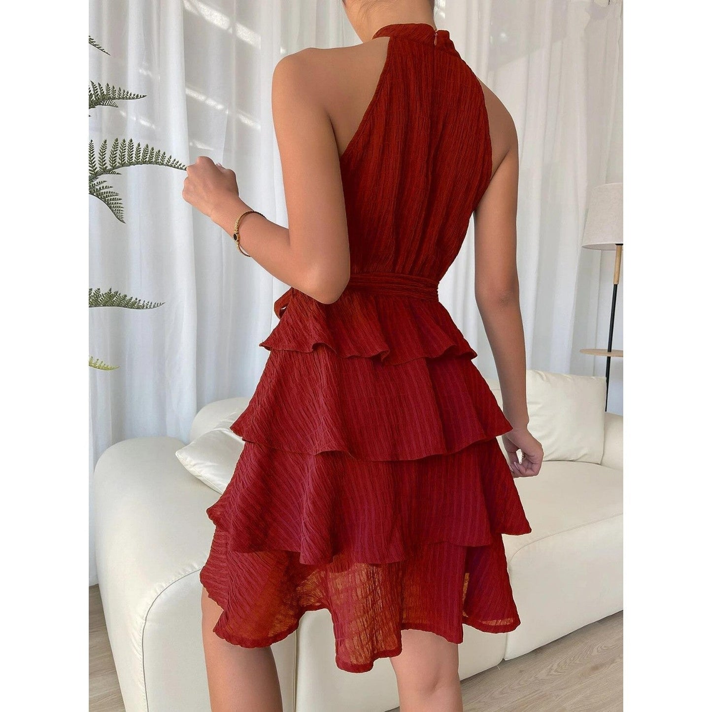Engeltraud™ | Boho mini dress with flounces – open back, halter neck & waist belt for summer & festival