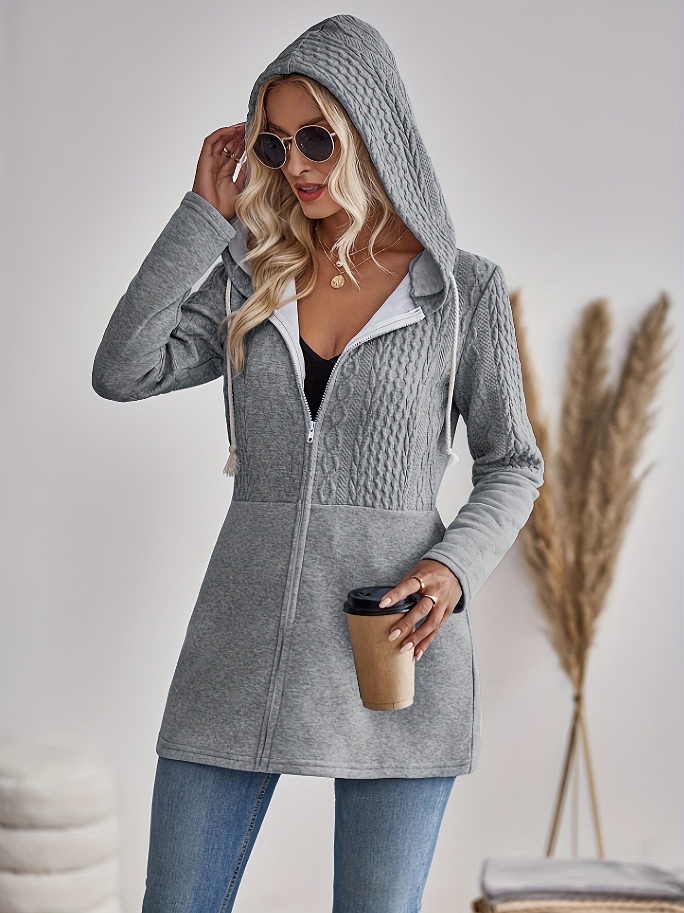 Tivindra™ | Damen Kapuzenjacke mit Reißverschluss in Hellgrau