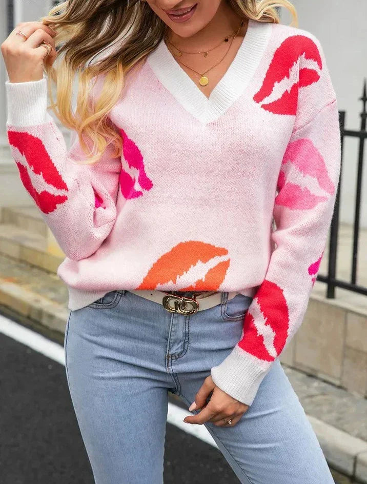 Desirae™ | Damen V-Ausschnitt Pullover mit Lippen-Print – Modisch & Kuschelig