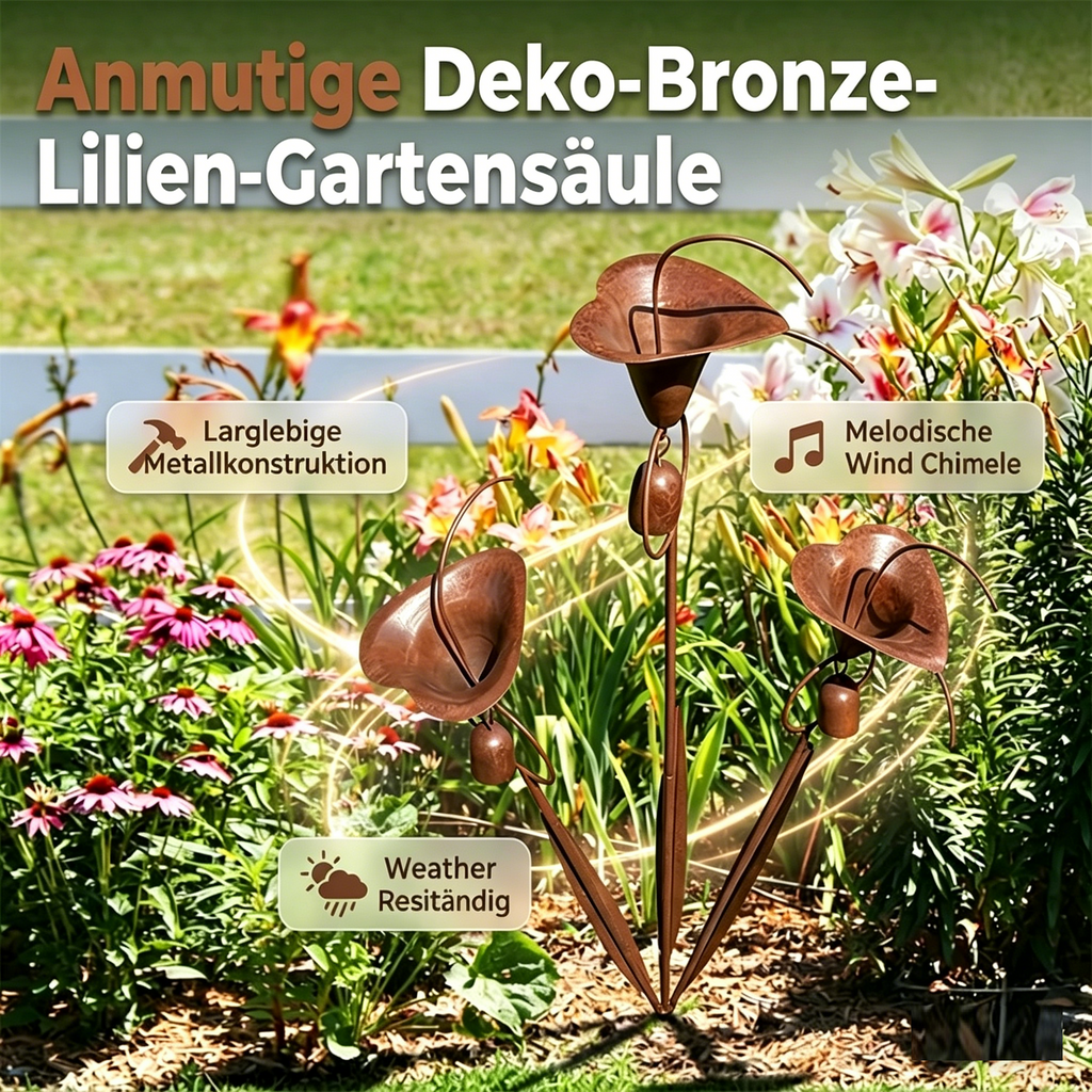 Gartenstab mit Calla-Lilien und Glockenspiel