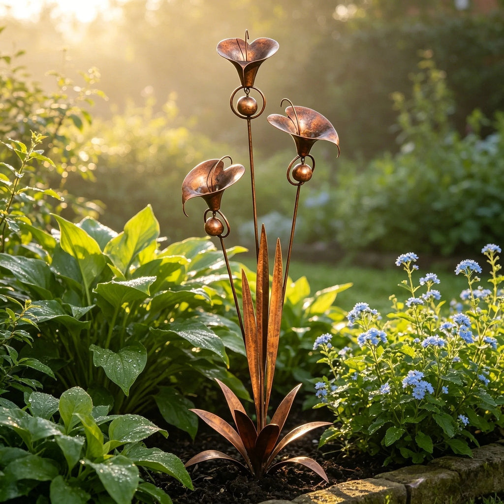 Gartenstab mit Calla-Lilien und Glockenspiel