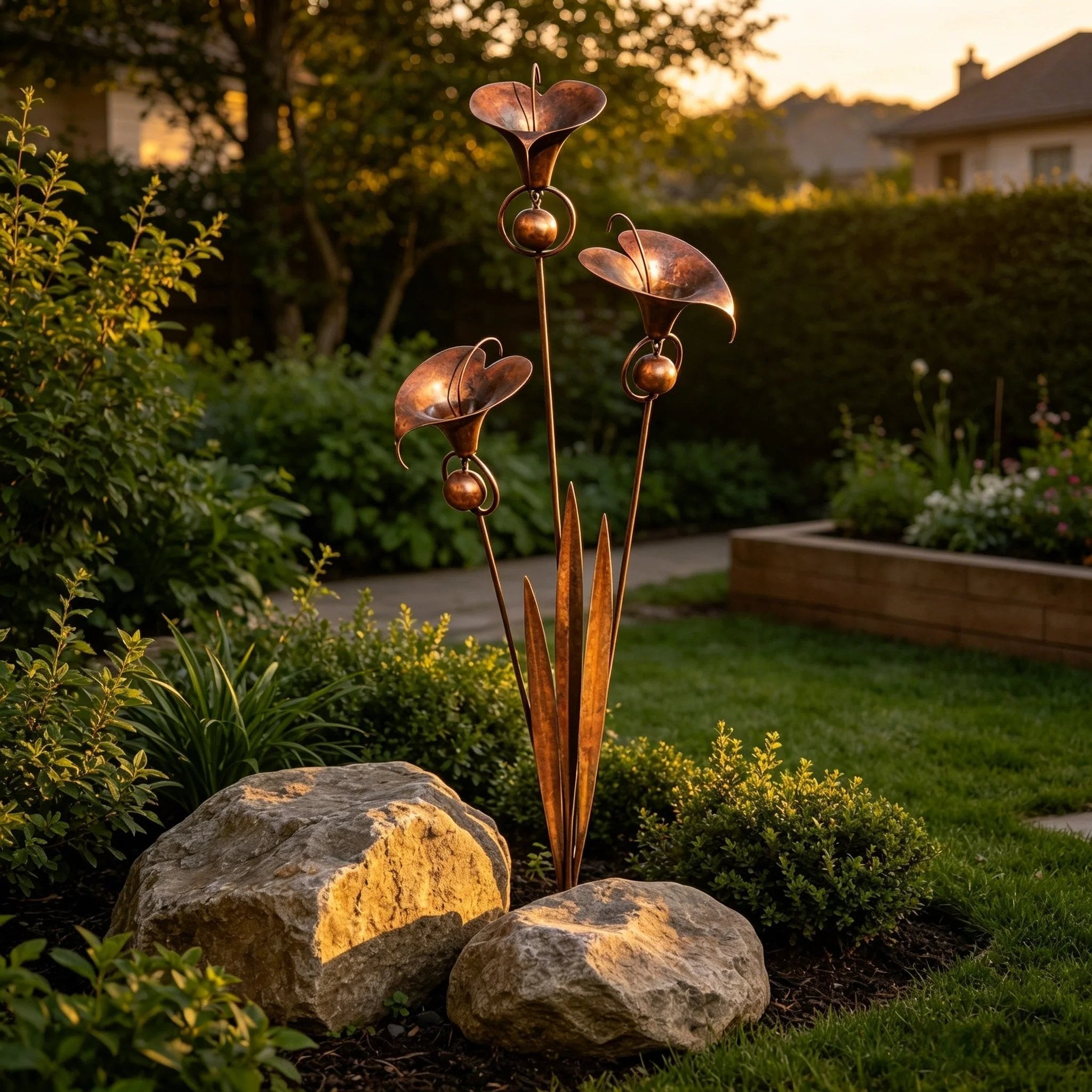 Gartenstab mit Calla-Lilien und Glockenspiel