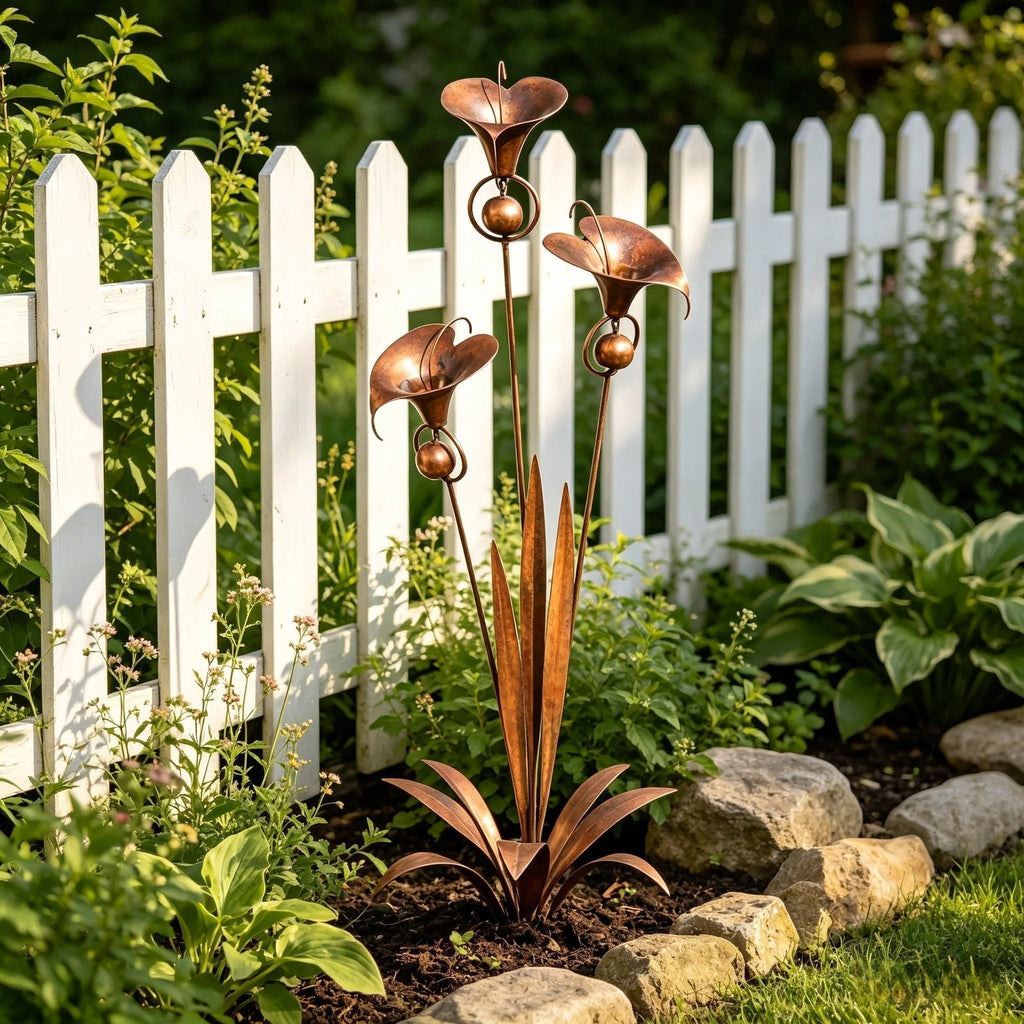 Gartenstab mit Calla-Lilien und Glockenspiel