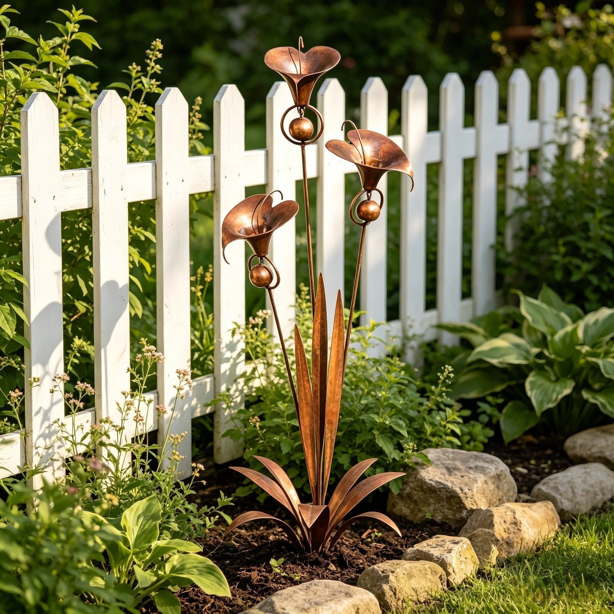 Gartenstab mit Calla-Lilien und Glockenspiel