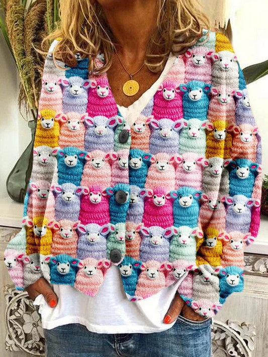 Zephyra™ | Cute cardigan with sheep embroidery and farm motif