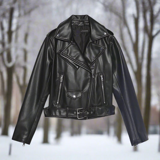 50% off | Elfriede™ | Women's slim-fit leather jacket with belt and multiple pockets
