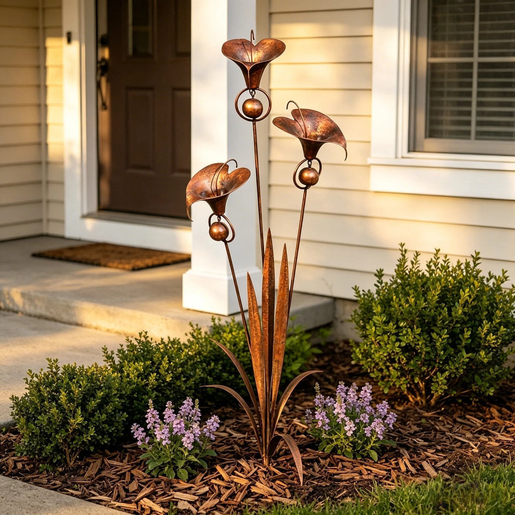 Gartenstab mit Calla-Lilien und Glockenspiel