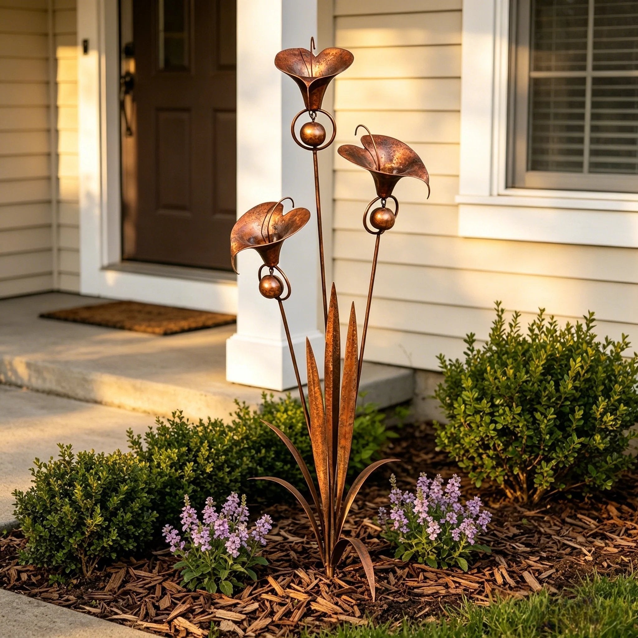 Gartenstab mit Calla-Lilien und Glockenspiel