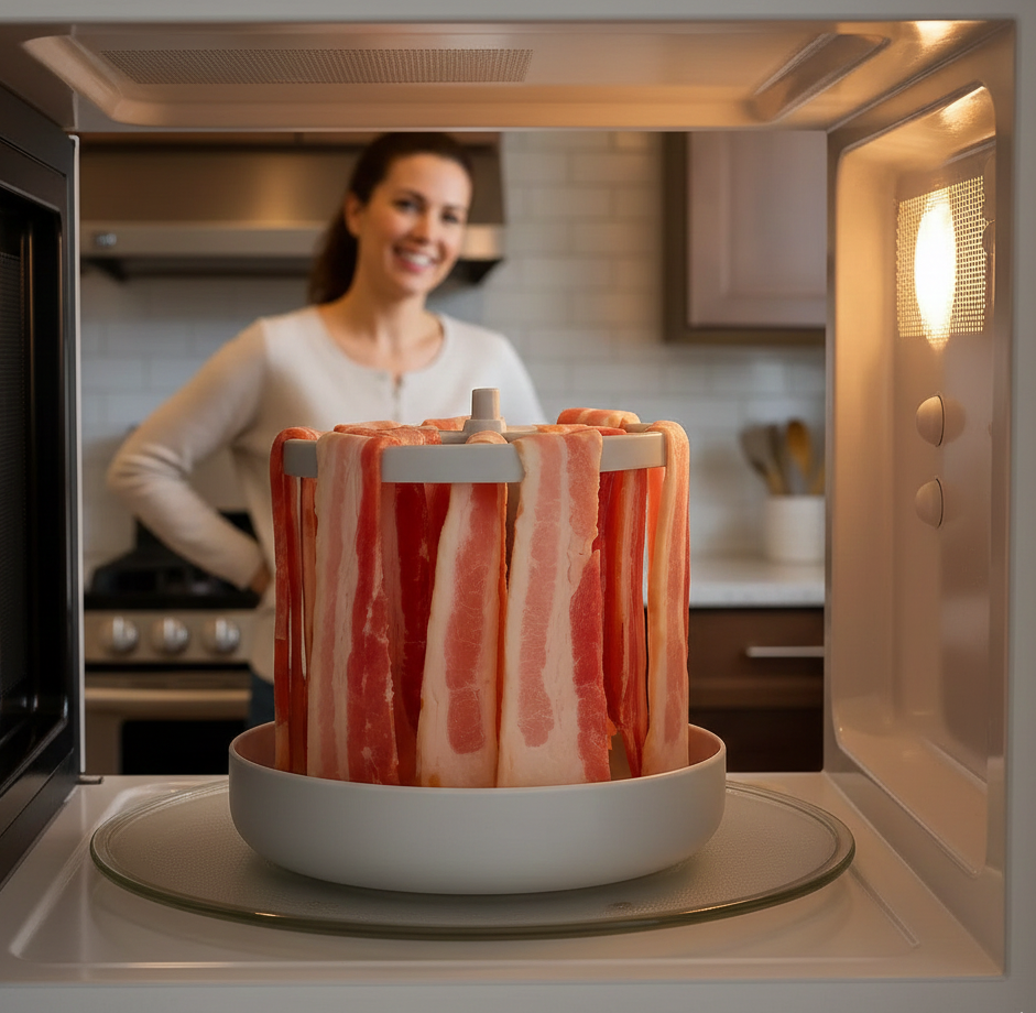 CrispEase™ - Mikrowellen-Speckkocher mit Spritzschutz & spülmaschinenfest