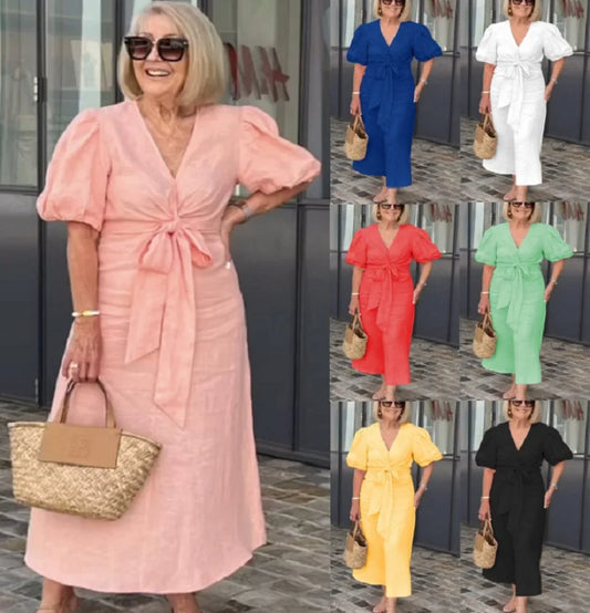 50% RABAT | Esther™ | Baumwollkleid mit V-Ausschnitt und Schnürung