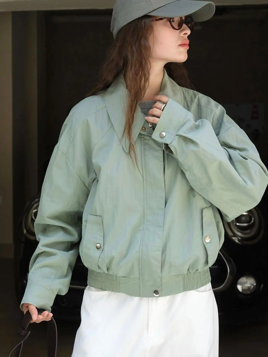 Kennia™ | Women's turn-down collar, loose fit, button-front bomber jacket 