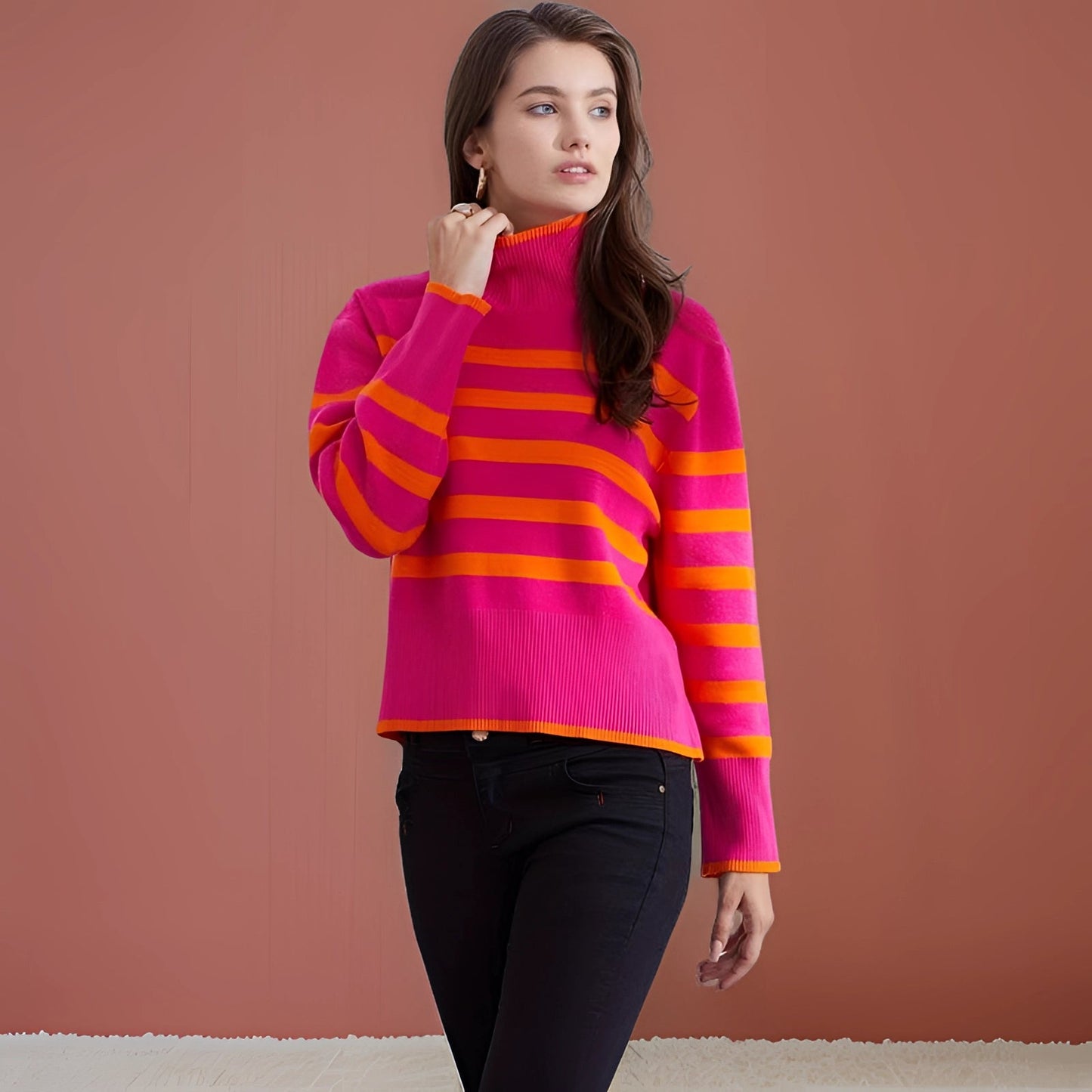 ColorRoll™ | Pink & Orange Rollkragenpullover | Damen Wintermode