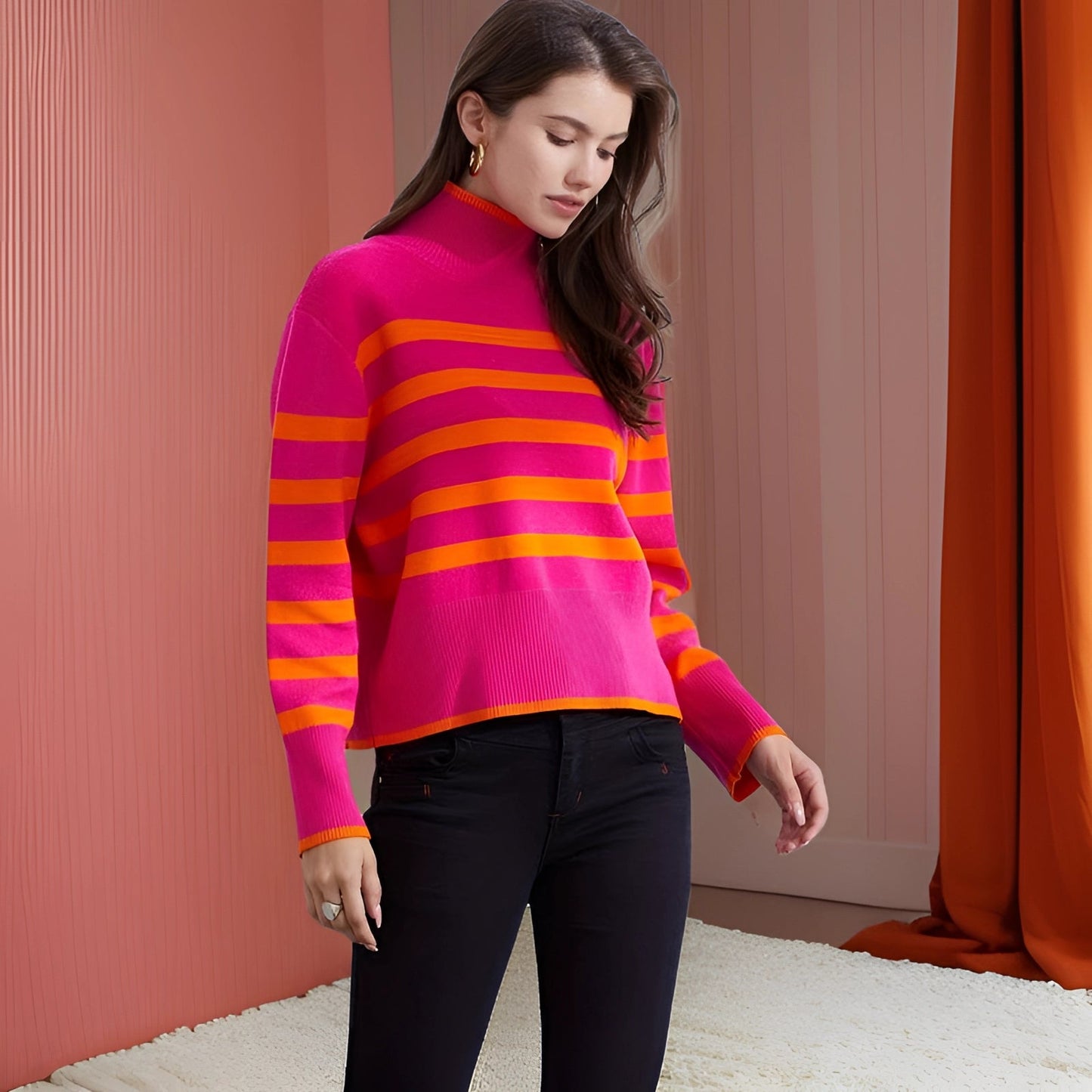 ColorRoll™ | Pink & Orange Rollkragenpullover | Damen Wintermode