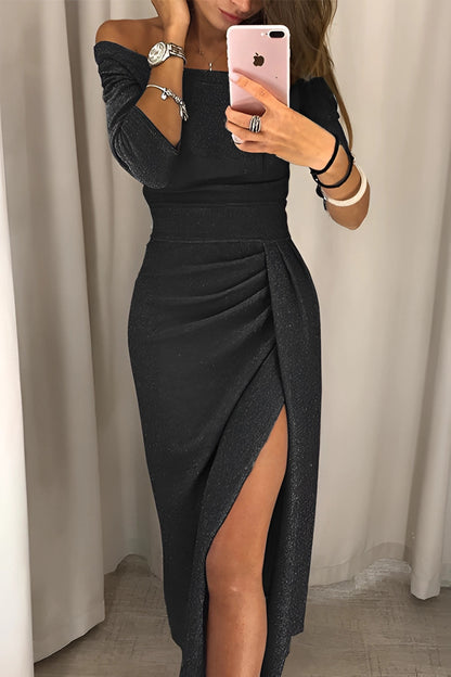 GlitterRose™ | Langärmeliges Partykleid in Roségold mit hohem Schlitz