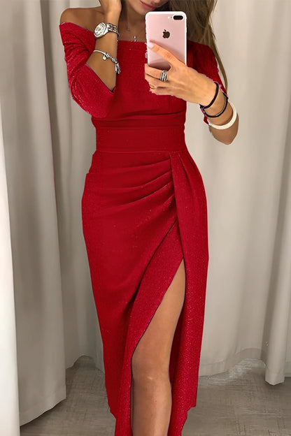 GlitterRose™ | Langärmeliges Partykleid in Roségold mit hohem Schlitz