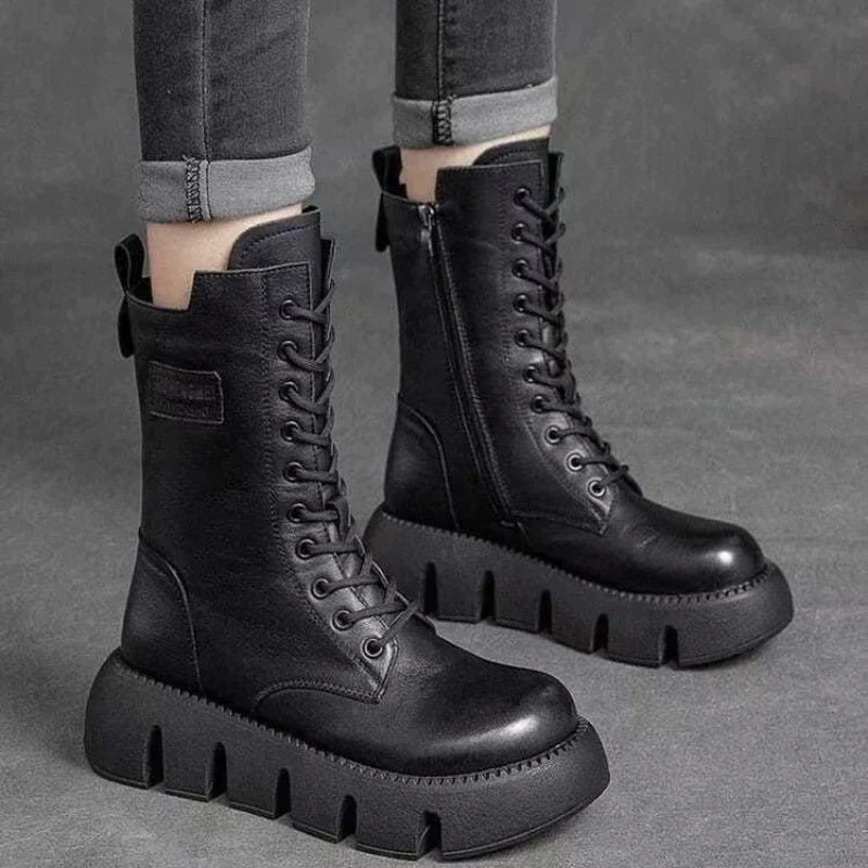 50% Rabatt | Mariana™ | Damen Lederstiefel mit klobigem Absatz, Reißverschluss und Schnürsenkeln