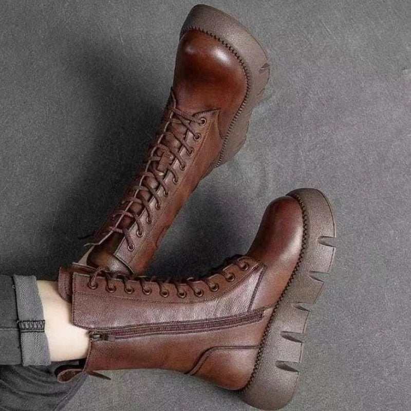 50% Rabatt | Mariana™ | Damen Lederstiefel mit klobigem Absatz, Reißverschluss und Schnürsenkeln