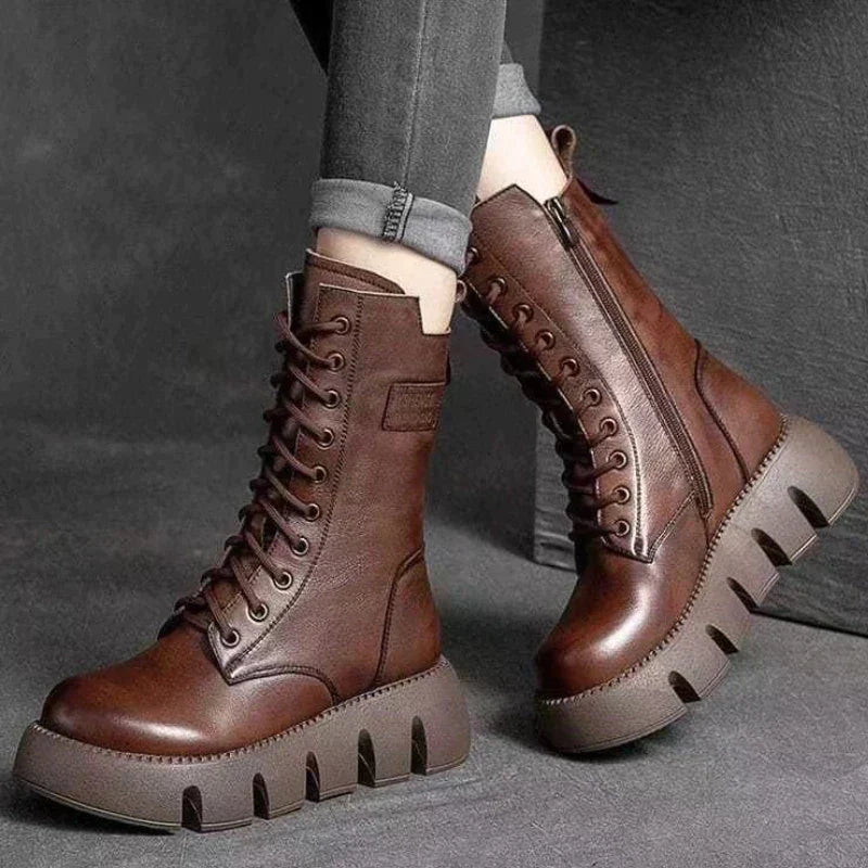 50% Rabatt | Mariana™ | Damen Lederstiefel mit klobigem Absatz, Reißverschluss und Schnürsenkeln