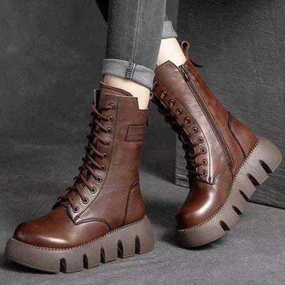 50% Rabatt | Mariana™ | Damen Lederstiefel mit klobigem Absatz, Reißverschluss und Schnürsenkeln