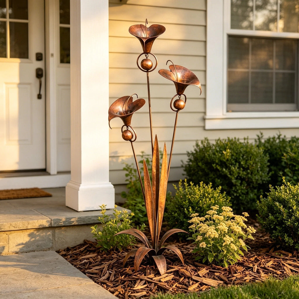 Gartenstab mit Calla-Lilien und Glockenspiel