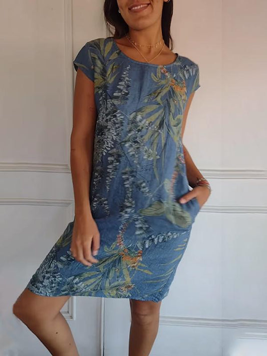 Aldorian™ | Damenkleid aus Baumwolle und Leinen mit Rundhalsausschnitt und Druck