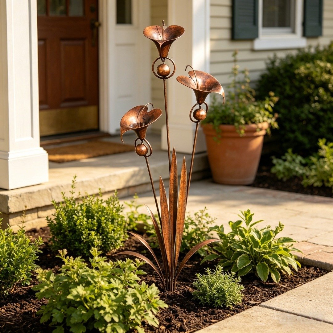 Gartenstab mit Calla-Lilien und Glockenspiel