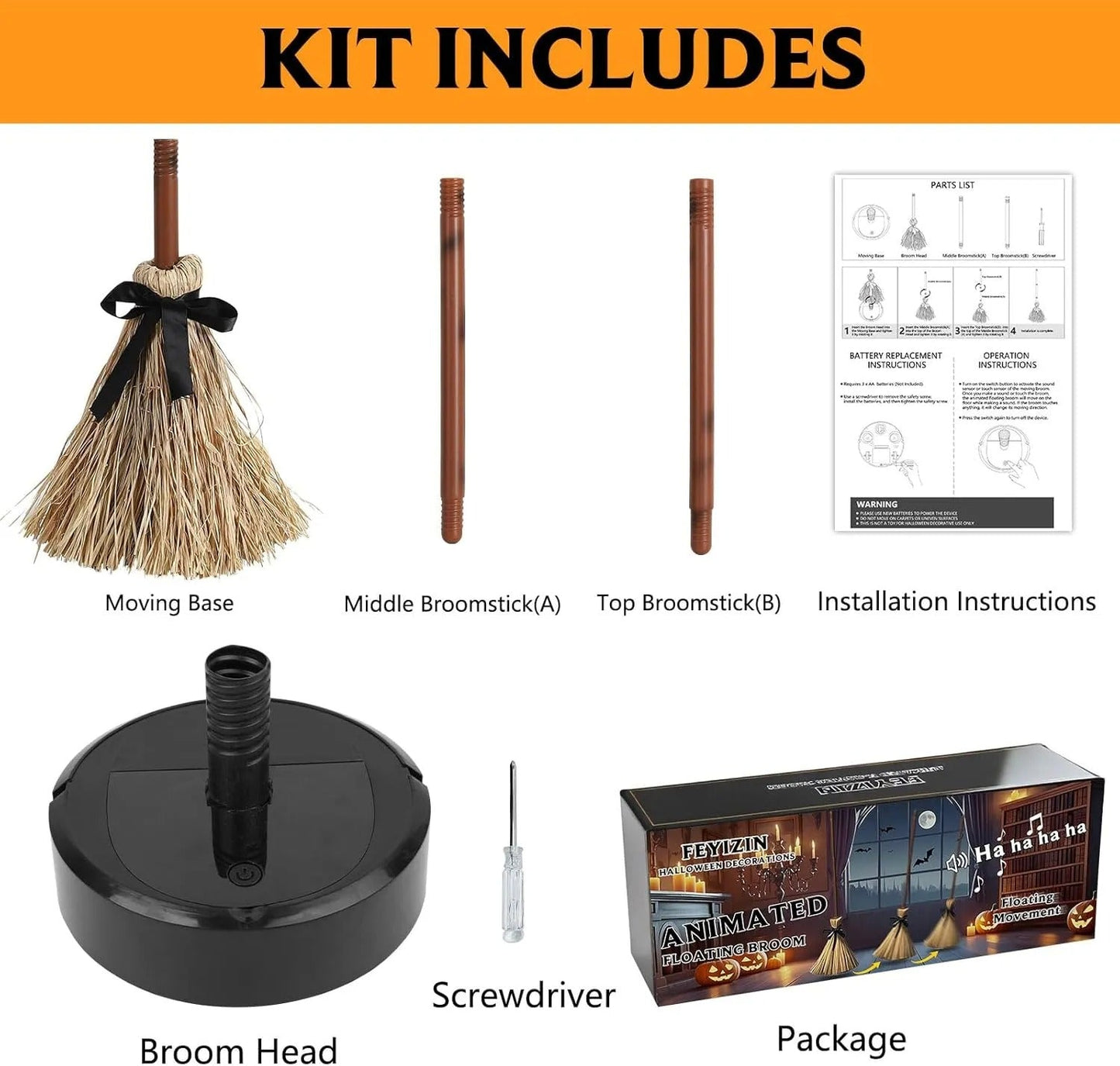 Interaktive schwebende Hexenbesen-Halloween-Dekoration mit Ton- und Berührungsreaktion