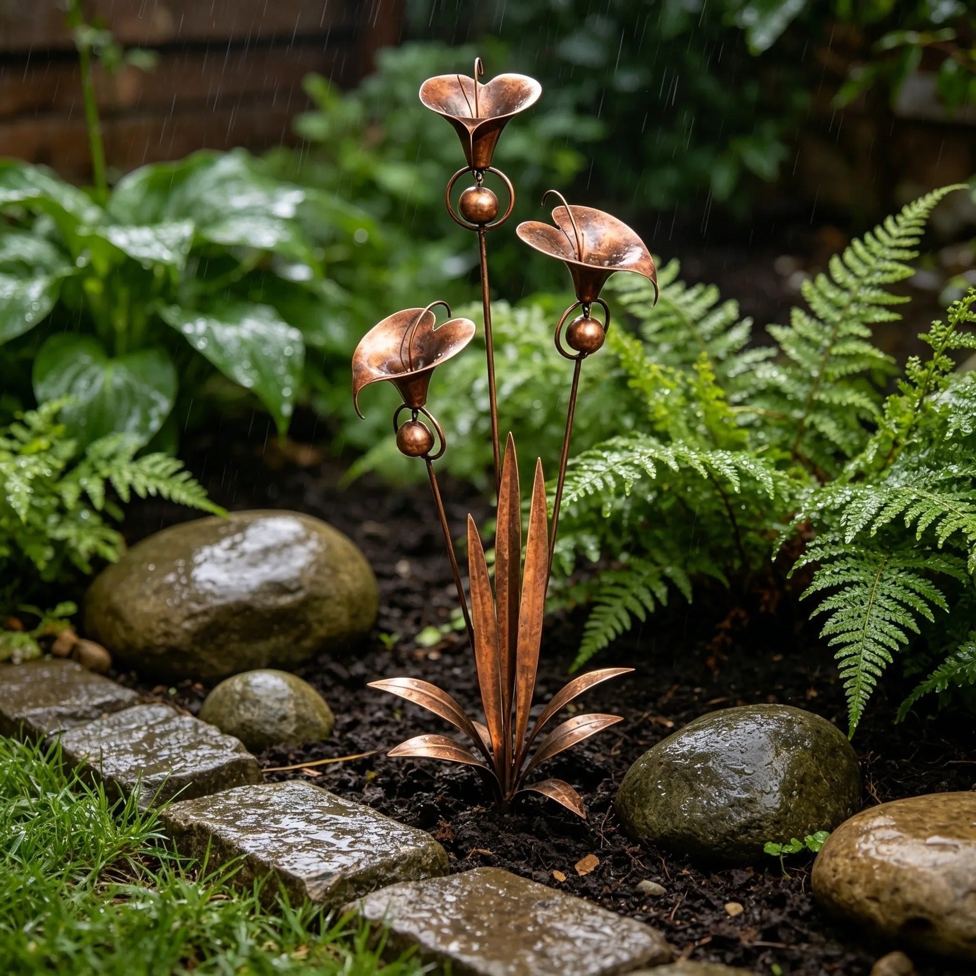 Gartenstab mit Calla-Lilien und Glockenspiel