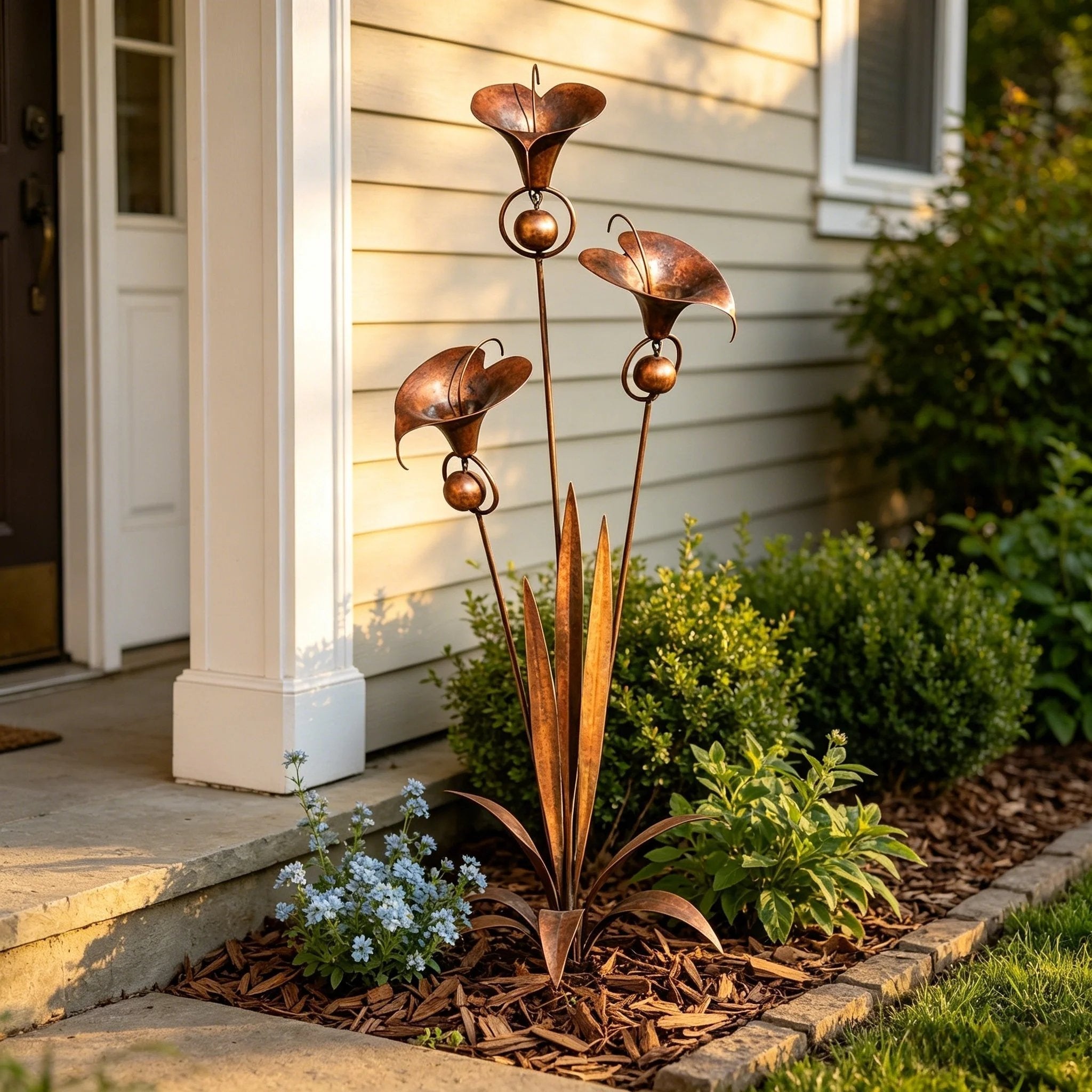 Gartenstab mit Calla-Lilien und Glockenspiel
