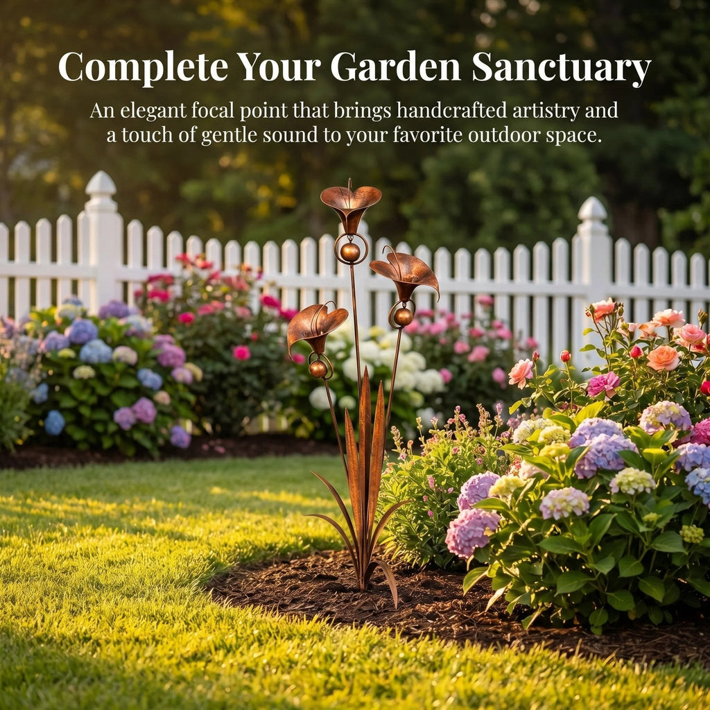 Gartenstab mit Calla-Lilien und Glockenspiel