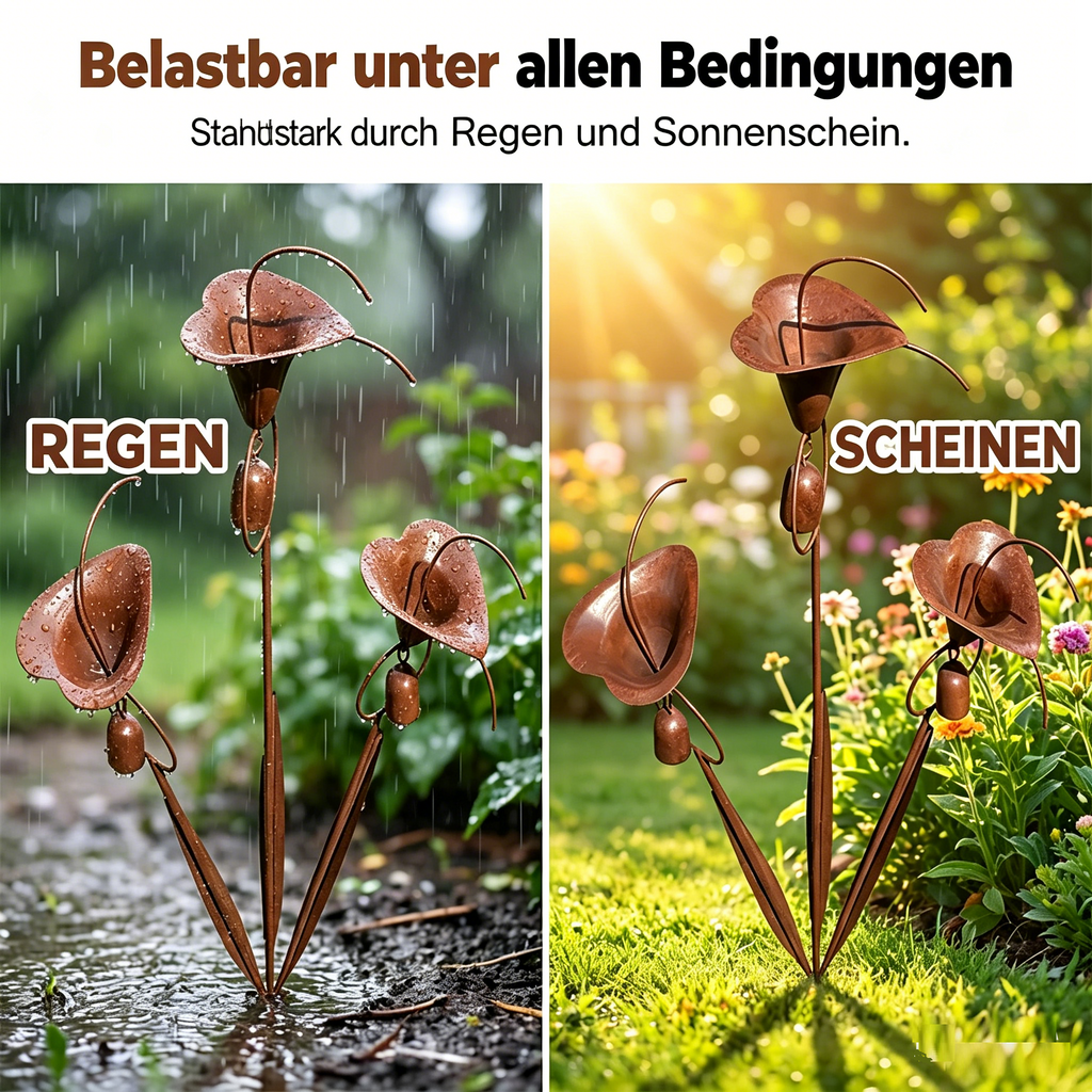 Gartenstab mit Calla-Lilien und Glockenspiel