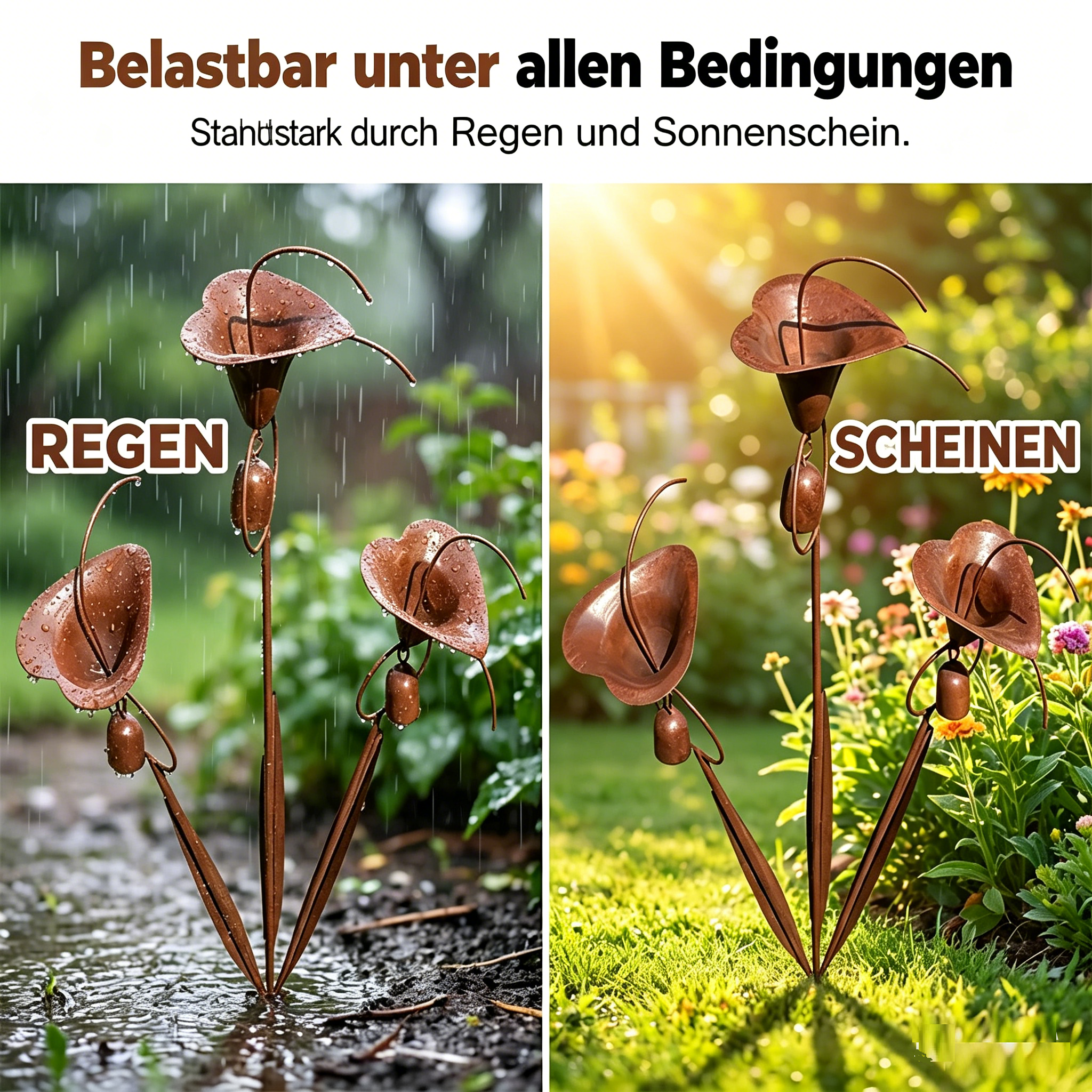 Gartenstab mit Calla-Lilien und Glockenspiel
