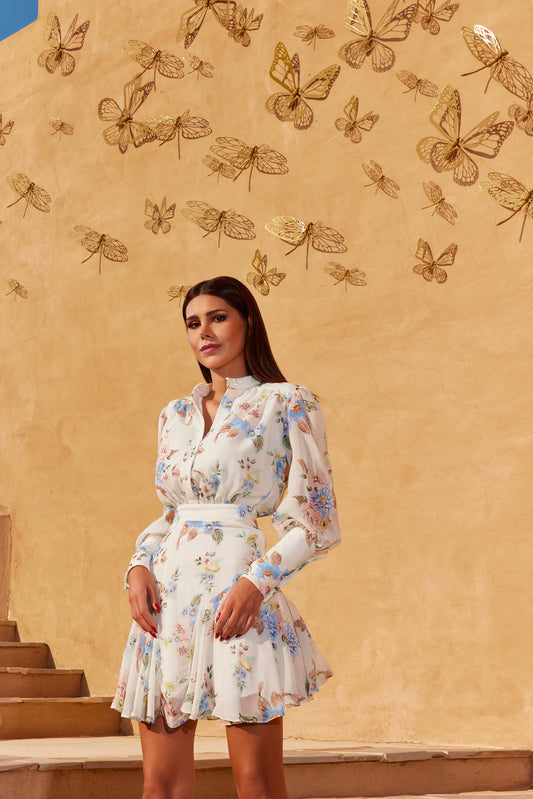 EtherealPetal™ | White Floral Chiffon Charm Notched Dress